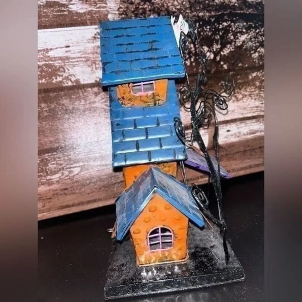 Halloween metal bright colors house with tea light house multi bright c